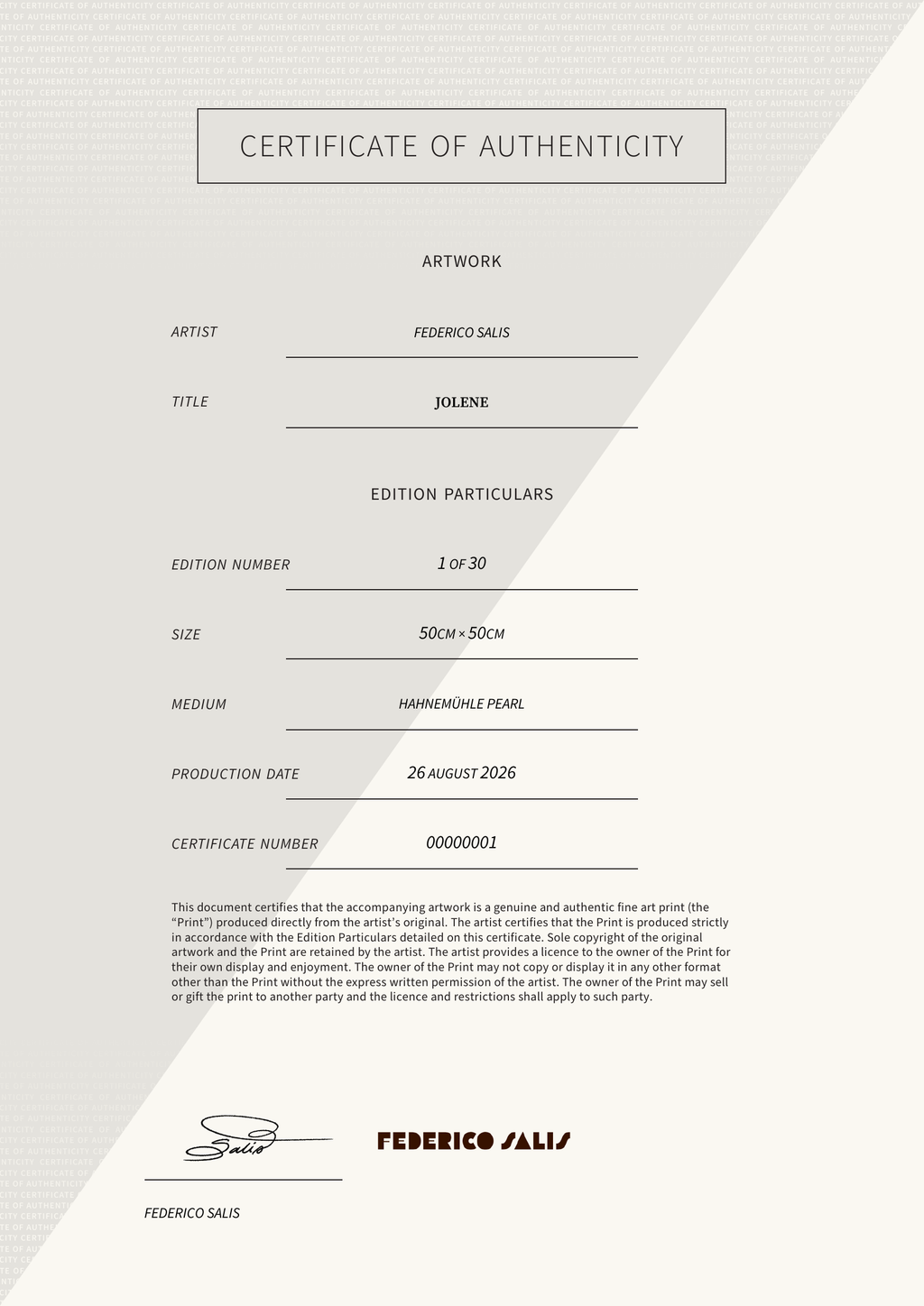 JOLENE — Certificate of Authenticity