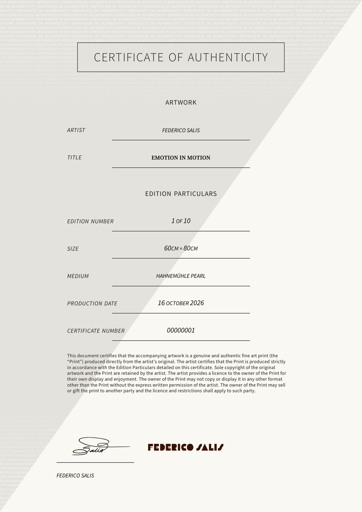 EMOTION IN MOTION — Certificate of Authenticity