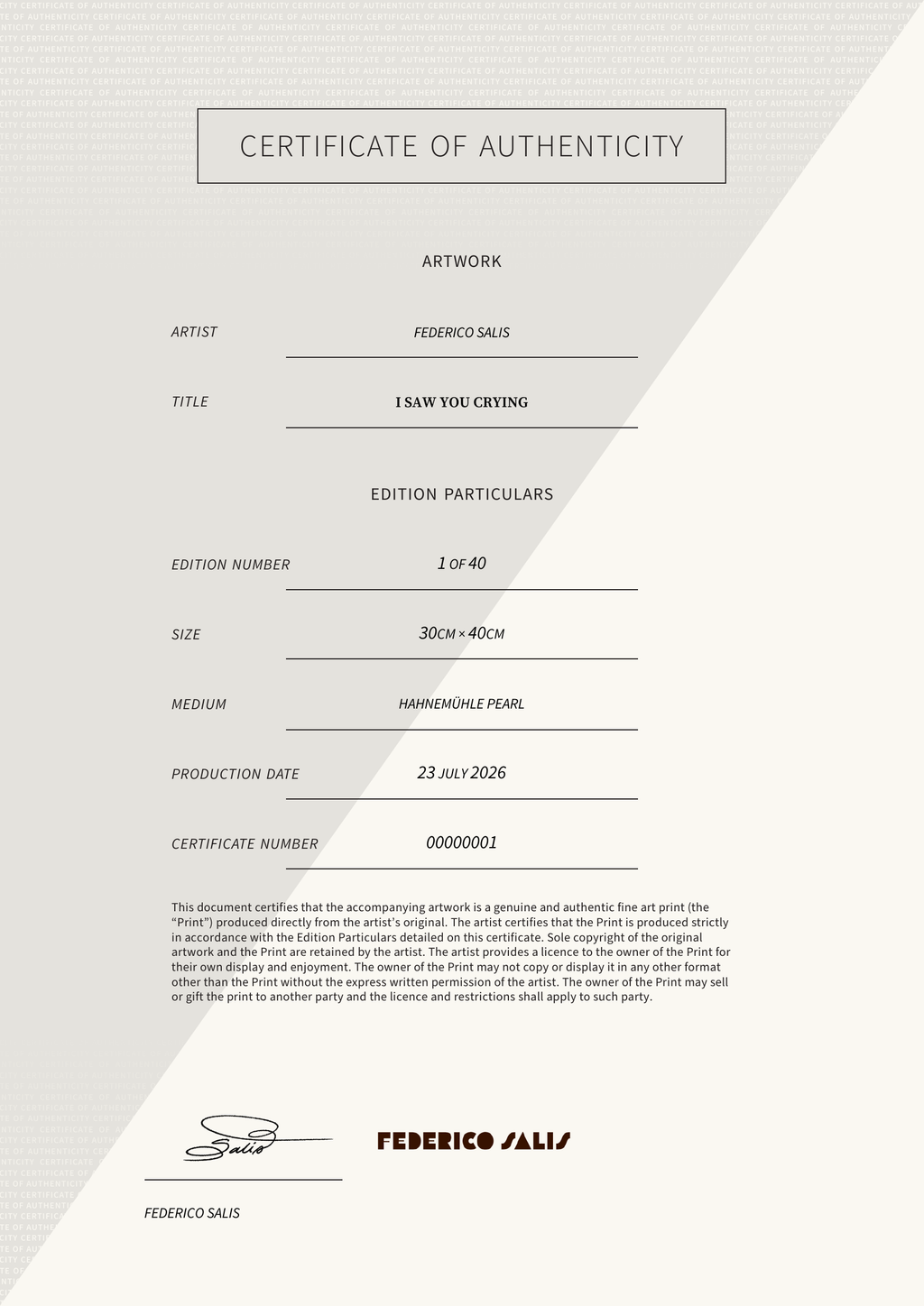 I SAW YOU CRYING — Certificate of Authenticity