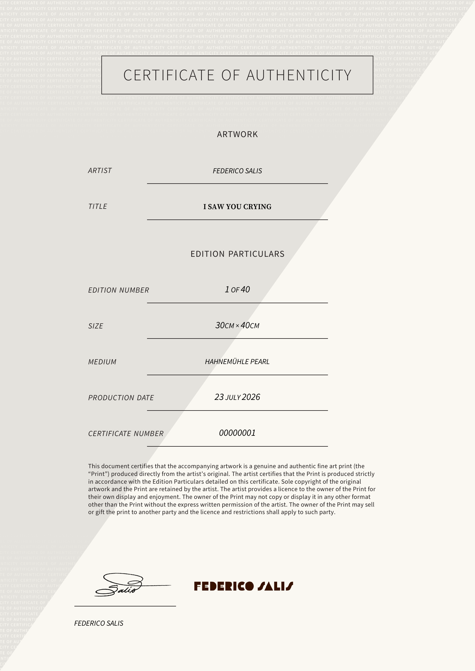 I SAW YOU CRYING — Certificate of Authenticity