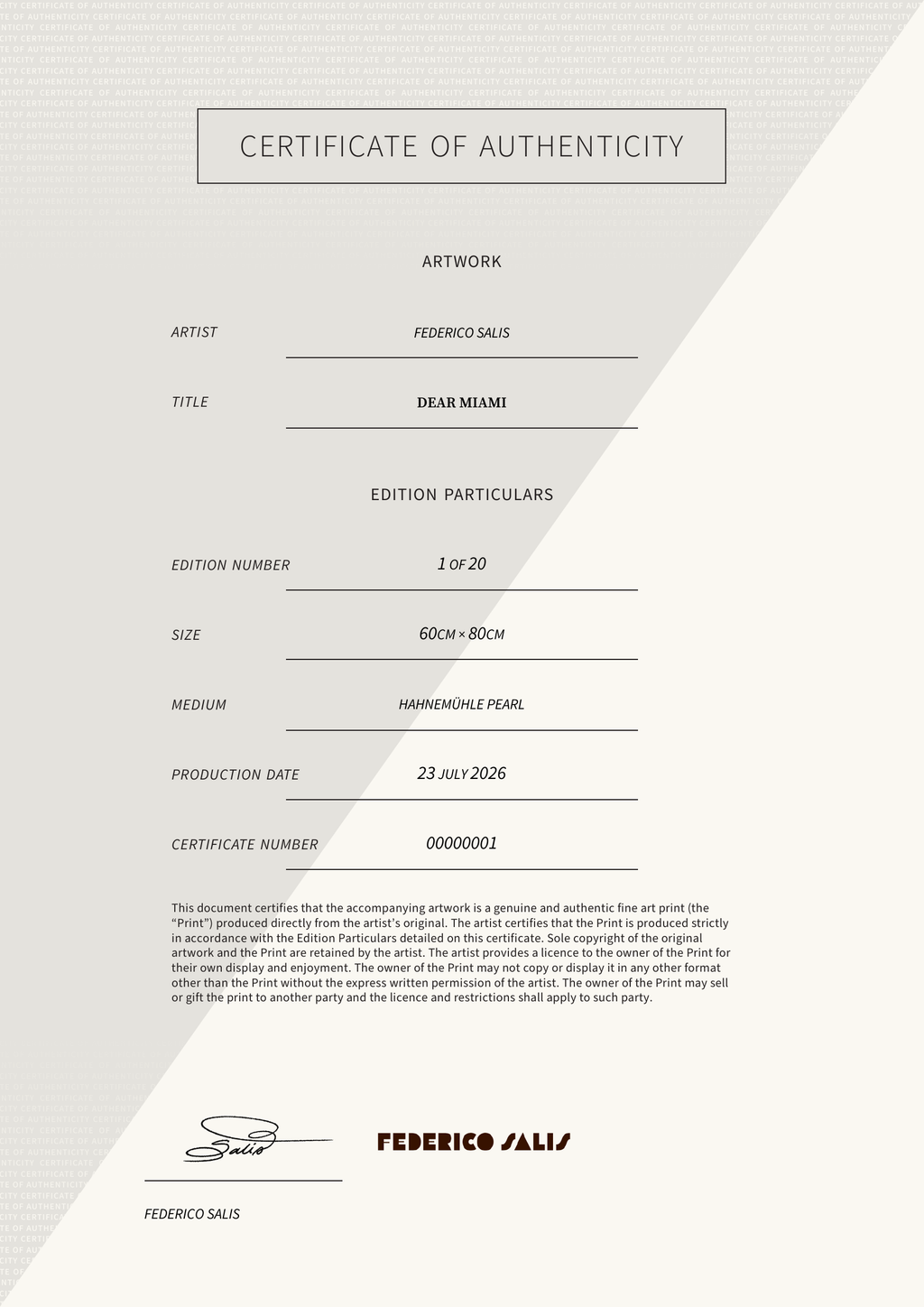 DEAR MIAMI — Certificate of Authenticity