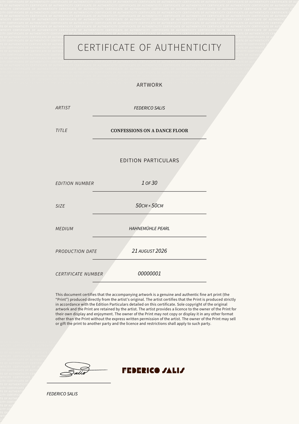 CONFESSIONS ON A DANCE FLOOR — Certificate of Authenticity