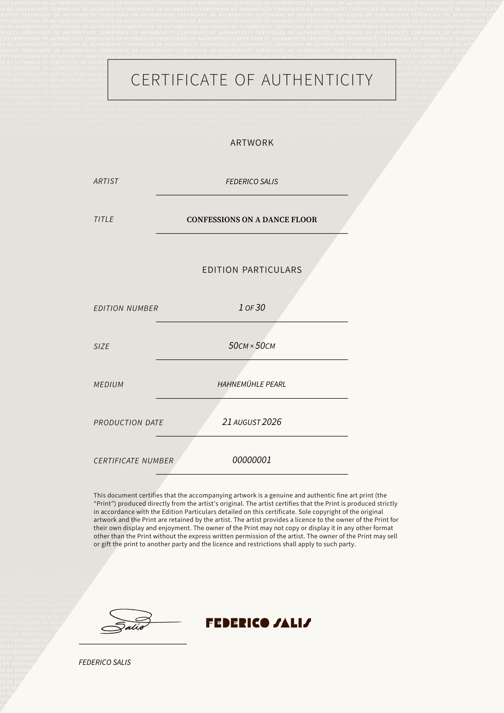 CONFESSIONS ON A DANCE FLOOR — Certificate of Authenticity