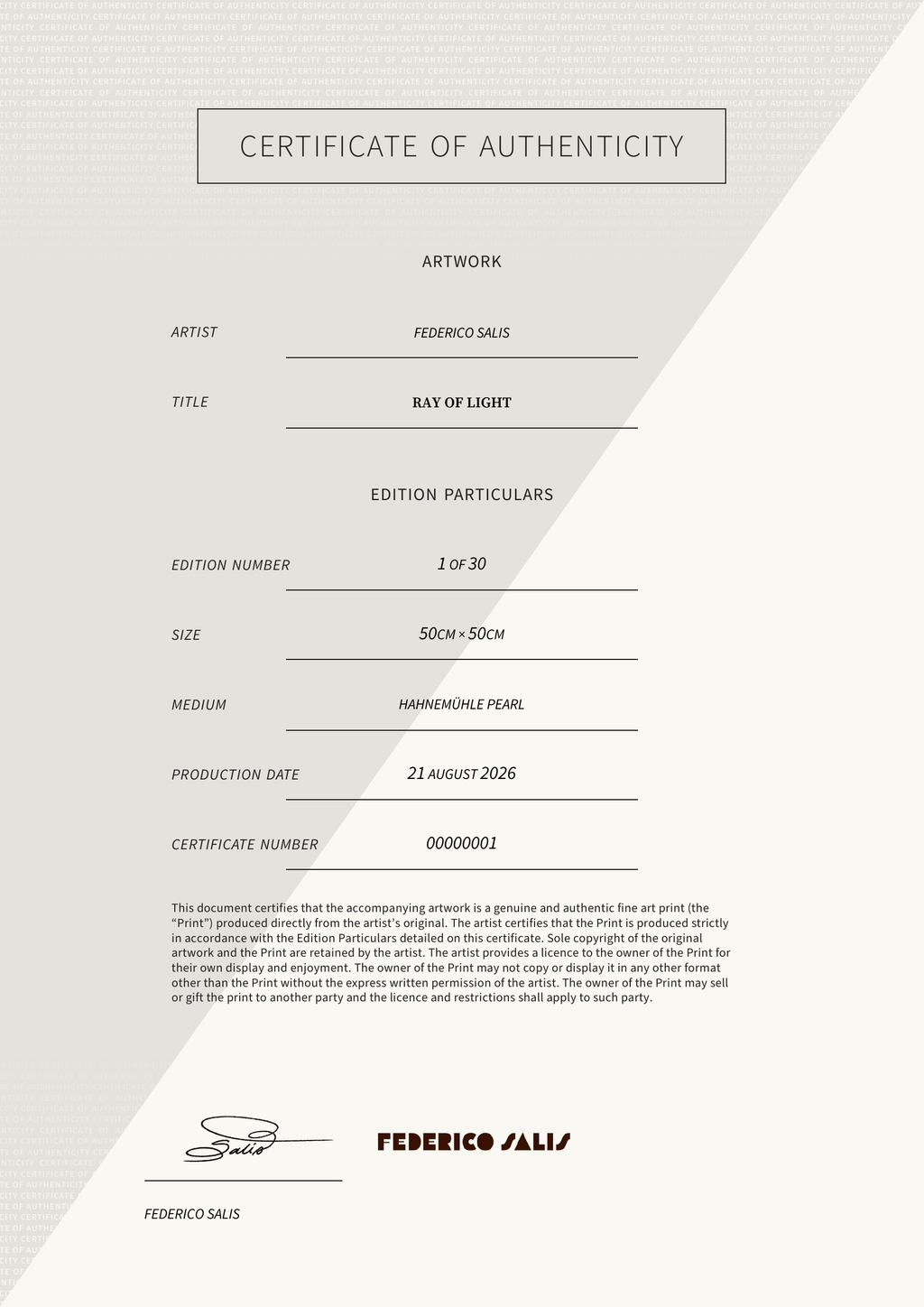 RAY OF LIGHT — Certificate of Authenticity