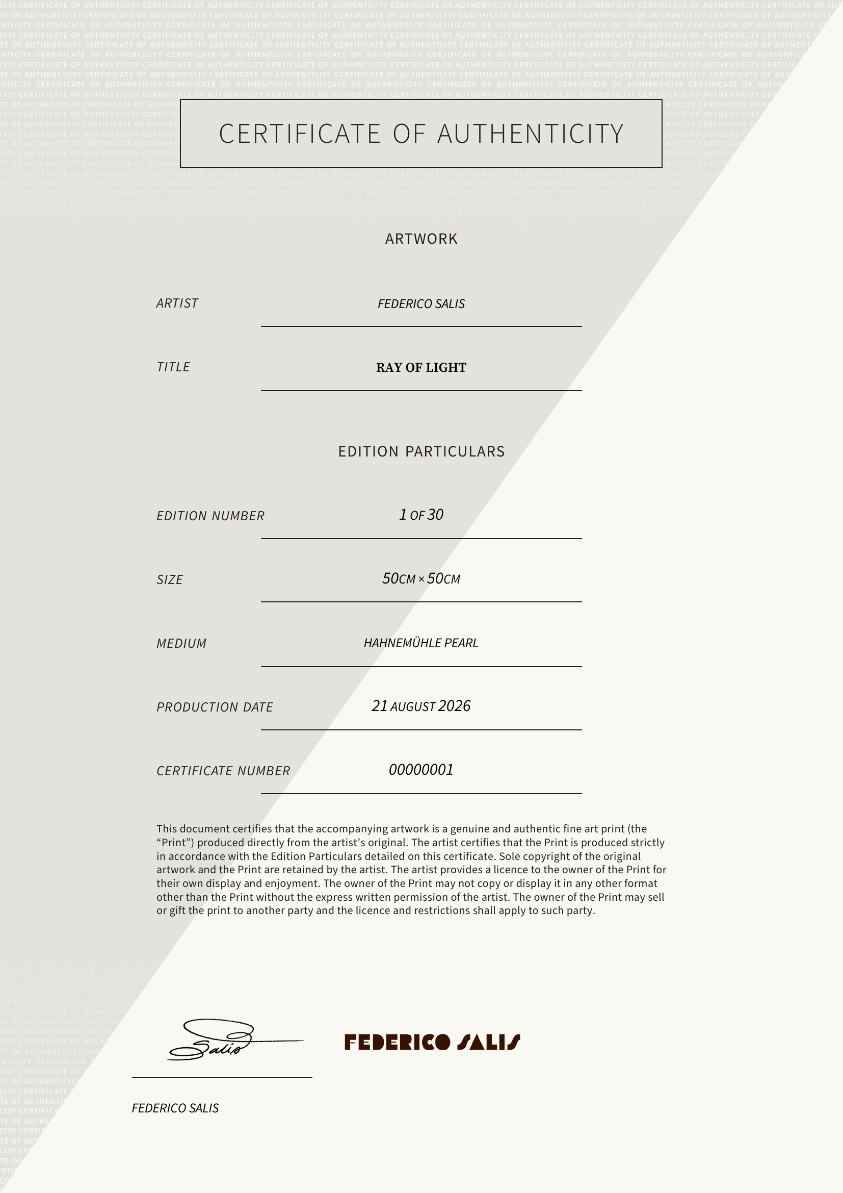 RAY OF LIGHT — Certificate of Authenticity
